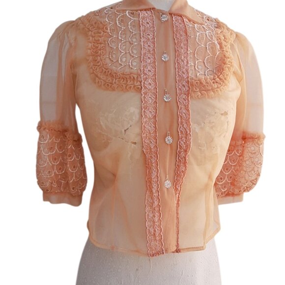 1950s Vintage Sheer Nylon Peach Orange Blouse With Ruffled Sleeves And Front - Picture 6 of 11